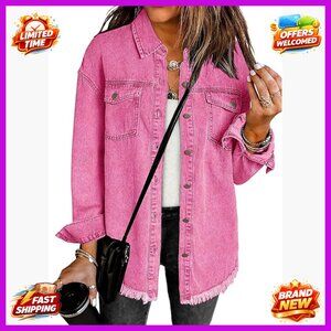 Oversized Denim Jacket Women's Relaxed Fit Button Down Frayed Hem Casual